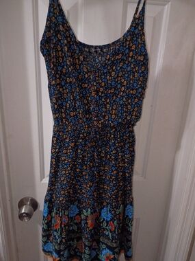 Floral Print Black Mini Dress with Blue and Orange Accents
